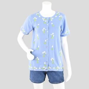 Vintage Blue Floral Short Sleeve Cardigan NWT, Women's Extra Small